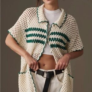 Anthropologie Collared Crochet Short-Sleeve Cardigan